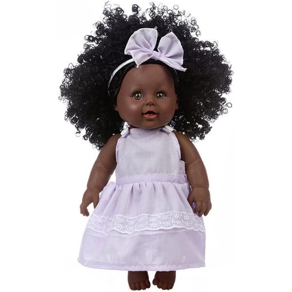 Afroamerikanische 12-Zoll-Vinylpuppe mit Kleid und Stirnband Uteruik