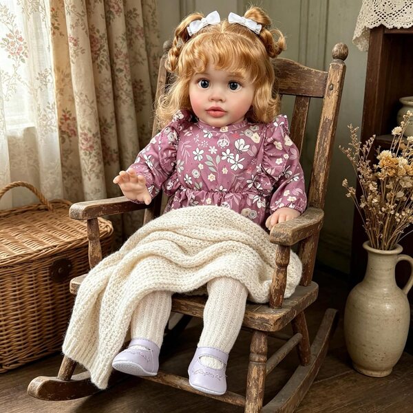 Bambola Reborn Pippa 66 cm con Capelli Biondi Ricci e Corpetto in Tessuto Morbido