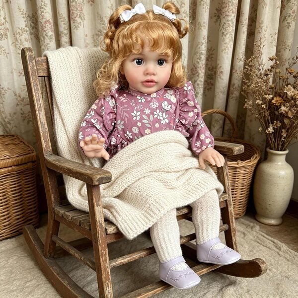Bambola Reborn Pippa 66 cm con Capelli Biondi Ricci e Corpetto in Tessuto Morbido