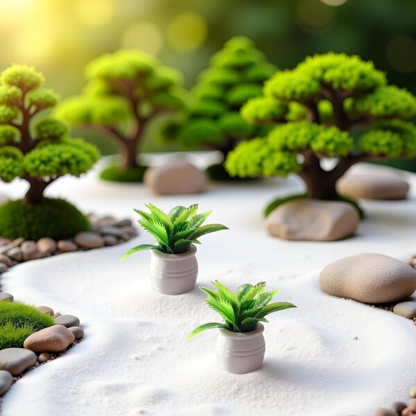 Set mit 2 Miniatur-Bonsai im grünen Topf für Puppenhaus im Maßstab 1:12