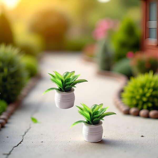 Set mit 2 Miniatur-Bonsai im grünen Topf für Puppenhaus im Maßstab 1:12