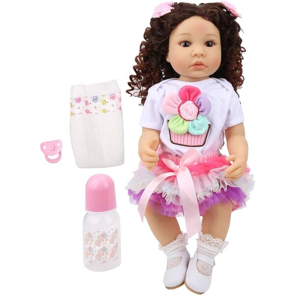 55 cm große realistische Neugeborenepuppe mit lockigem Haar und echter Kleidung