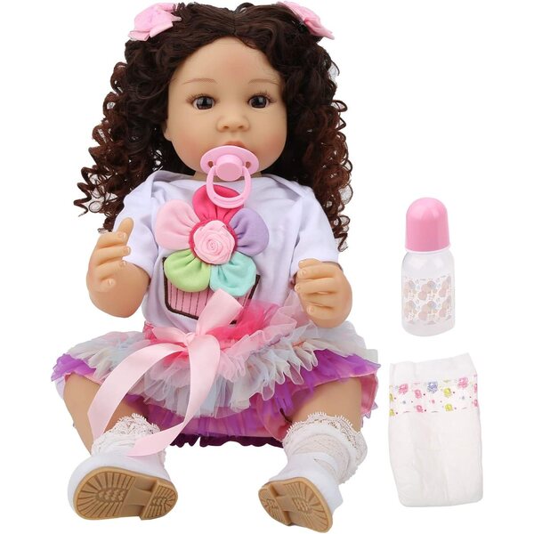 55 cm große realistische Neugeborenepuppe mit lockigem Haar und echter Kleidung