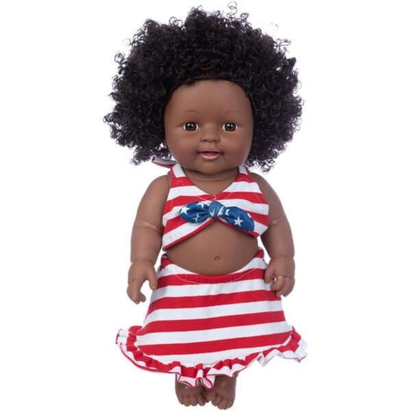 30 cm große schwarzafrikanische amerikanische Puppe mit Neckholder-Oberteil und Rock aus sicherem Vinyl