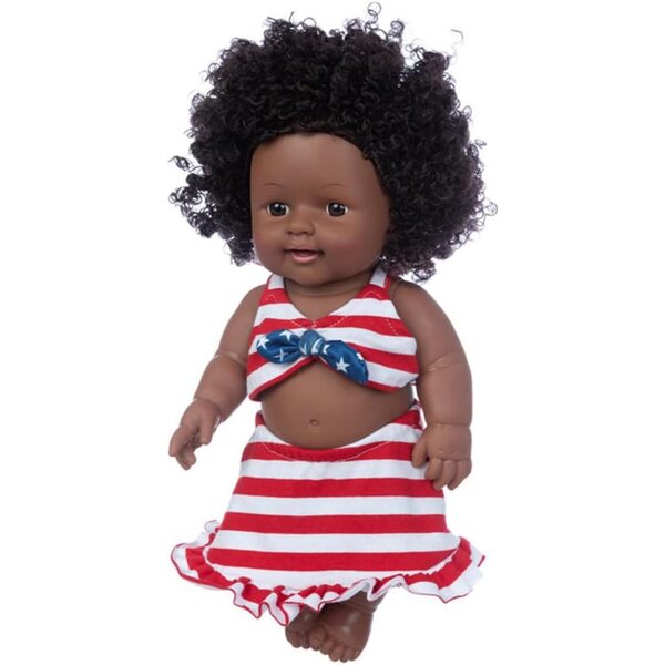 30 cm große schwarzafrikanische amerikanische Puppe mit Neckholder-Oberteil und Rock aus sicherem Vinyl