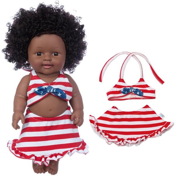 30 cm große schwarzafrikanische amerikanische Puppe mit Neckholder-Oberteil und Rock aus sicherem Vinyl