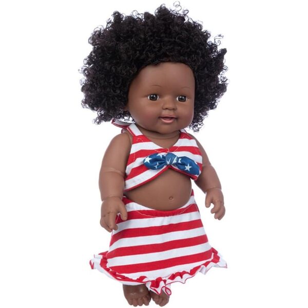30 cm große schwarzafrikanische amerikanische Puppe mit Neckholder-Oberteil und Rock aus sicherem Vinyl