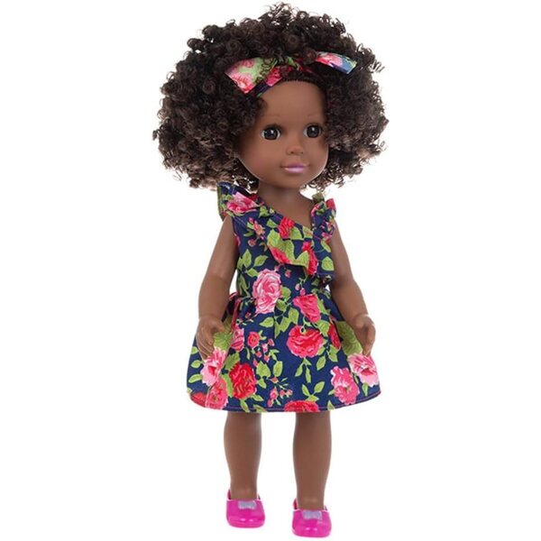 Afroamerikanische Puppe 35 cm mit Blumenkleid und Vinyl-Stirnband