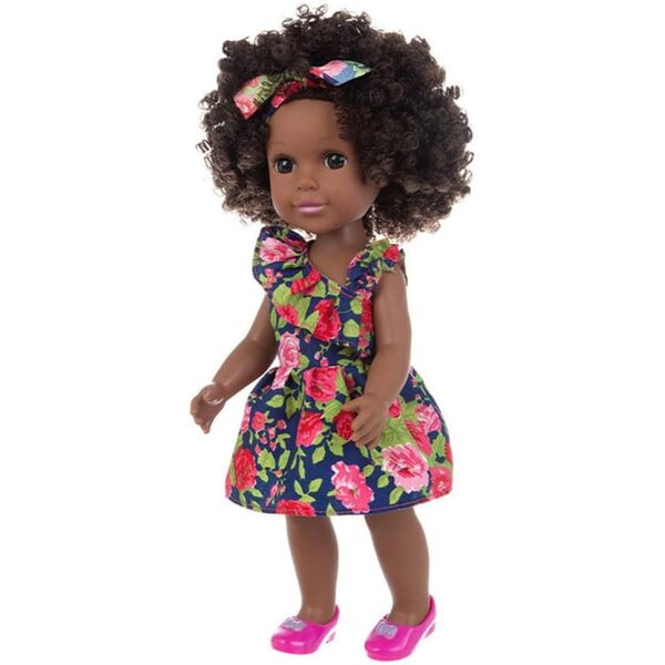 Afroamerikanische Puppe 35 cm mit Blumenkleid und Vinyl-Stirnband