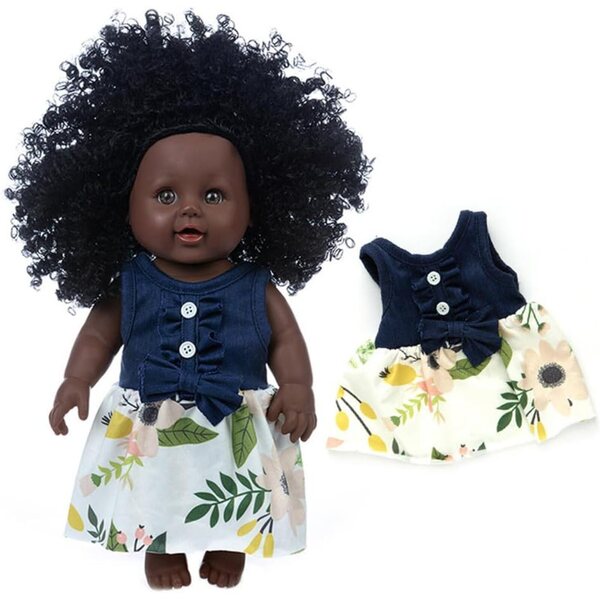 30 cm große afroamerikanische Vinylpuppe mit Kleid inklusive, realistisch und sicher für Kinder