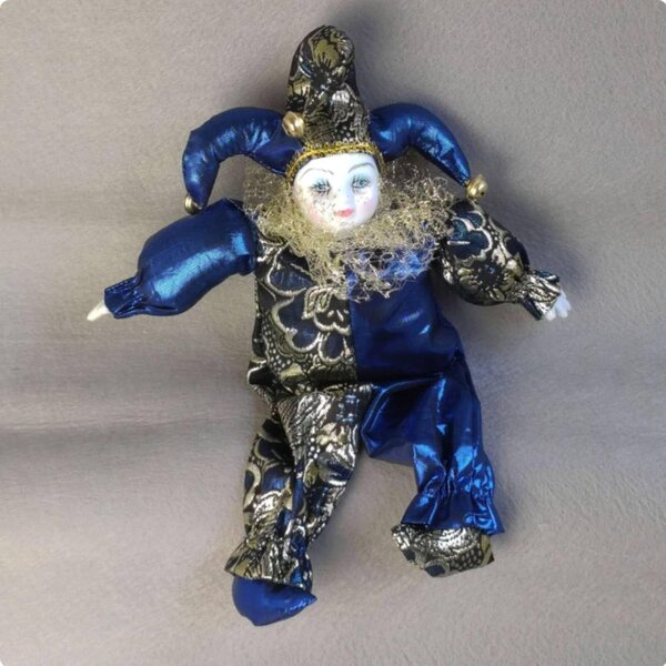 Bambola Arlecchino Snodabile da Collezione in Porcellana e Tessuto Vintage
