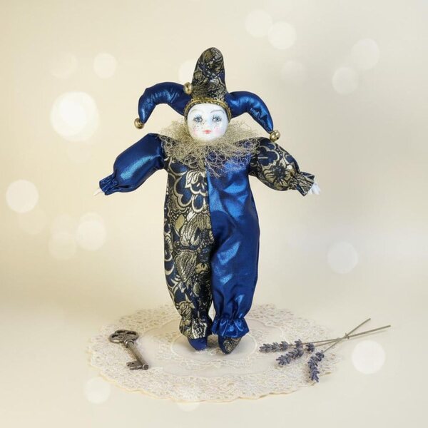 Bambola Arlecchino Snodabile da Collezione in Porcellana e Tessuto Vintage