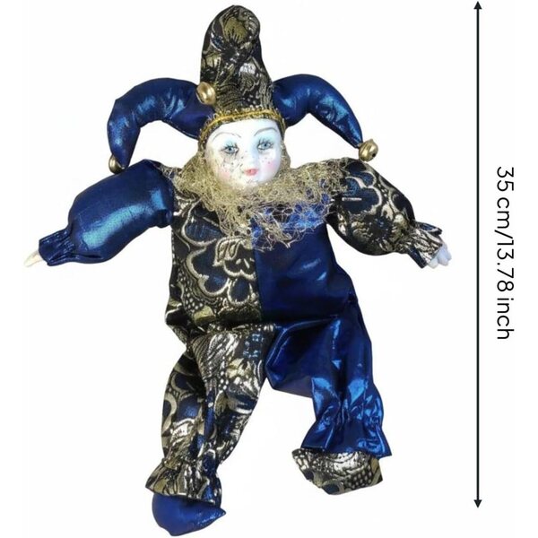 Bambola Arlecchino Snodabile da Collezione in Porcellana e Tessuto Vintage
