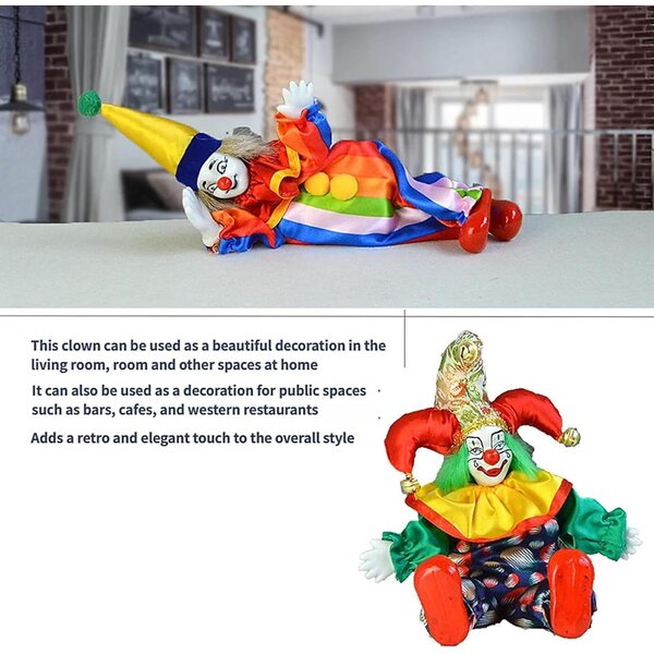 Lebendige 20,3 cm große Clown-Figur aus Porzellan mit buntem Kleid und handgeschnitzter Figur