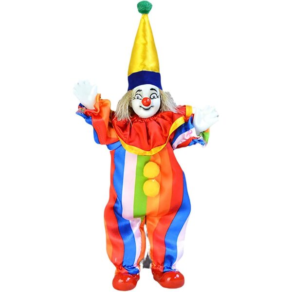 Lebendige 20,3 cm große Clown-Figur aus Porzellan mit buntem Kleid und handgeschnitzter Figur