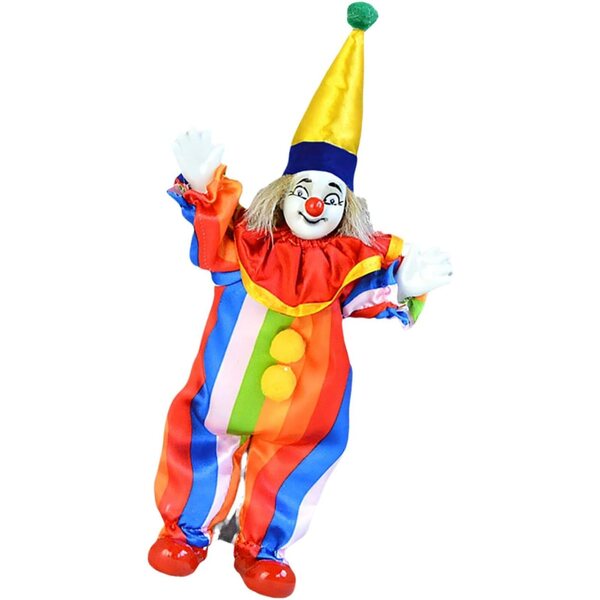 Lebendige 20,3 cm große Clown-Figur aus Porzellan mit buntem Kleid und handgeschnitzter Figur