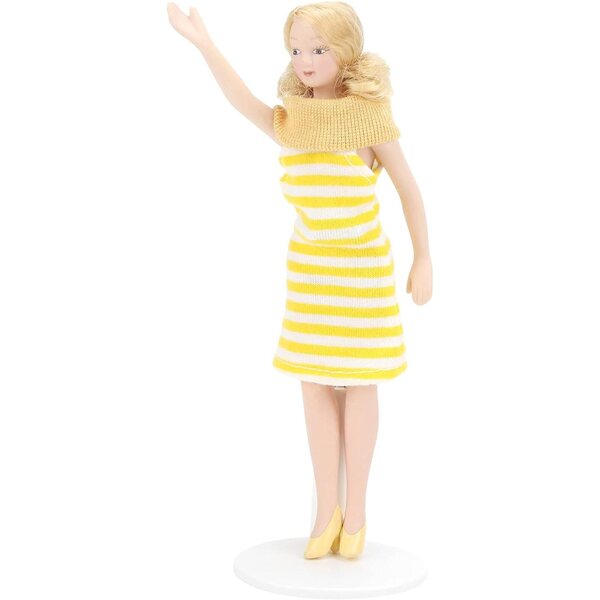 Tnfeeon Miniatur-Porzellanpuppe 1:12, gelbes Kleid, Stoff und Keramikdetails