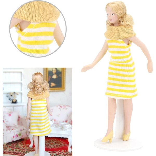 Tnfeeon Miniatur-Porzellanpuppe 1:12, gelbes Kleid, Stoff und Keramikdetails