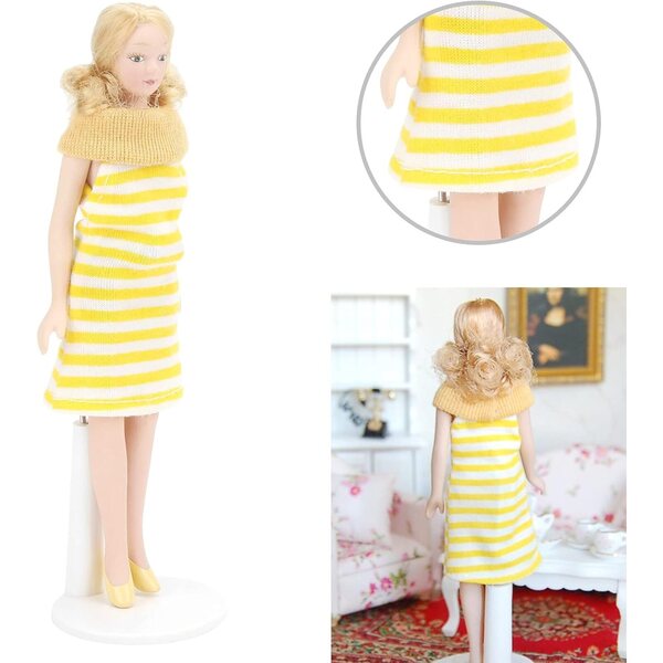 Tnfeeon Miniatur-Porzellanpuppe 1:12, gelbes Kleid, Stoff und Keramikdetails