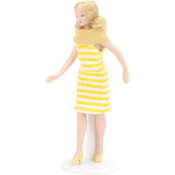 Tnfeeon Miniatur-Porzellanpuppe 1:12, gelbes Kleid, Stoff und Keramikdetails