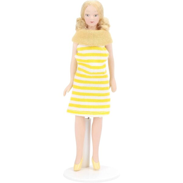 Tnfeeon Miniatur-Porzellanpuppe 1:12, gelbes Kleid, Stoff und Keramikdetails