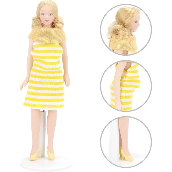 Tnfeeon Miniatur-Porzellanpuppe 1:12, gelbes Kleid, Stoff und Keramikdetails