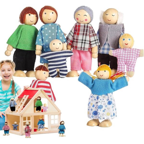 Set 8 Figure in Legno per Casa delle Bambole - Miniature Resistenti e Bendabili