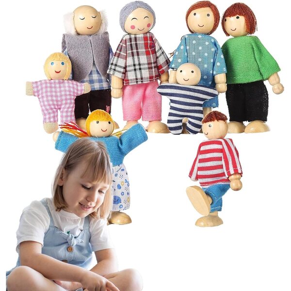 Puppenhaus-Figuren aus Holz – 8 Stück, flexible Familie für Rollenspiele