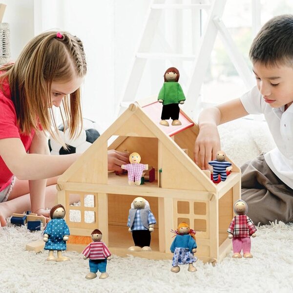 Puppenhaus-Figuren aus Holz – 8 Stück, flexible Familie für Rollenspiele