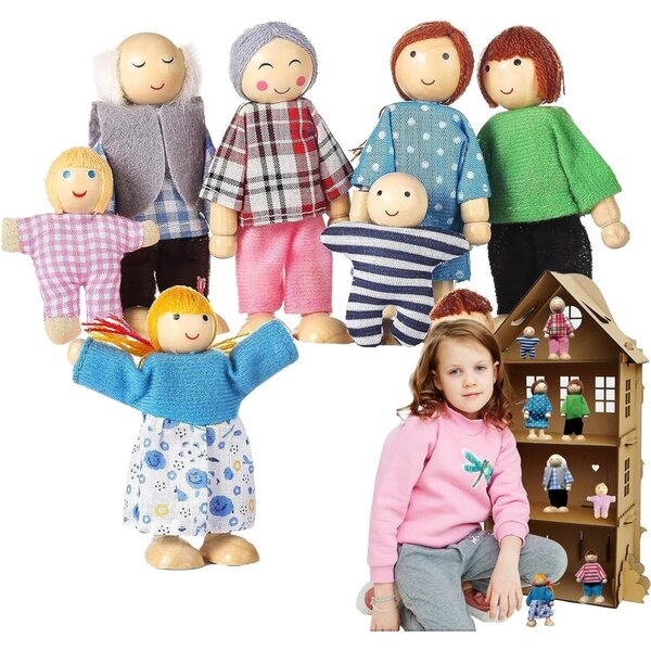 Puppenhaus-Figuren aus Holz – 8 Stück, flexible Familie für Rollenspiele