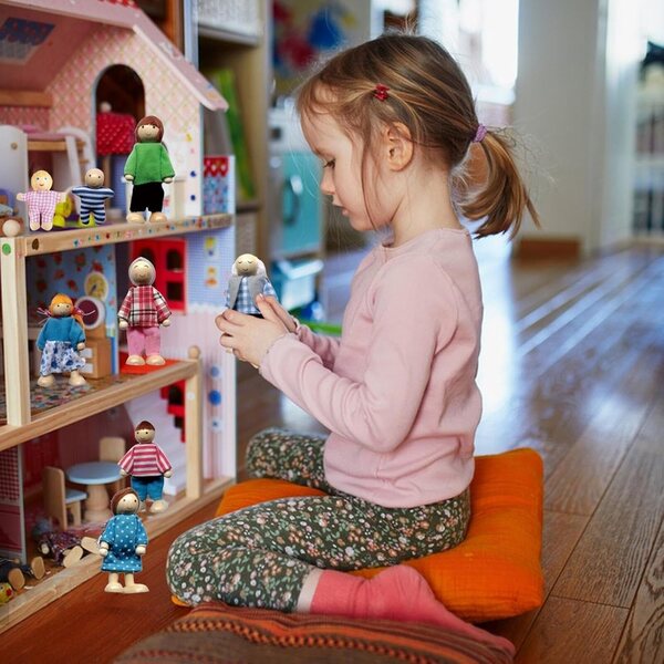 Set Famiglia di Bambole in Legno 8 Pezzi - Figure Snodabili e Piegabili per Casa delle Bambole