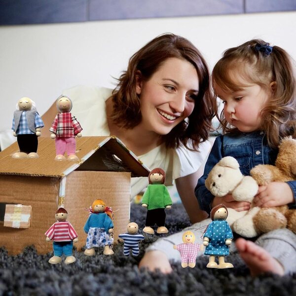 Set Famiglia di Bambole in Legno 8 Pezzi - Figure Snodabili e Piegabili per Casa delle Bambole