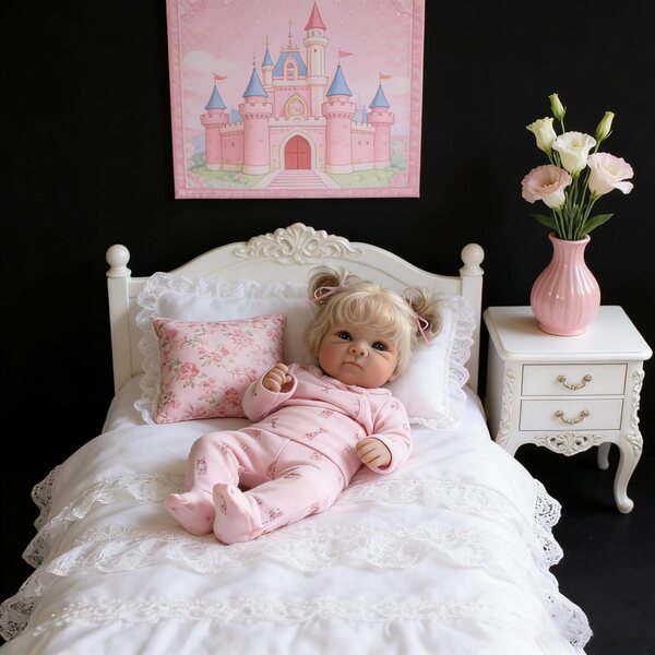 Bambola Reborn Bettie 45 cm in morbido vinile con capelli biondi e accessori completi