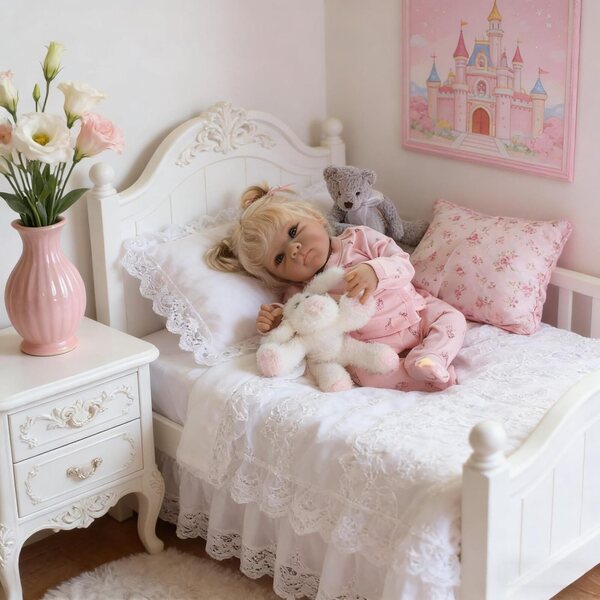 Bambola Reborn Bettie 45 cm in morbido vinile con capelli biondi e accessori completi