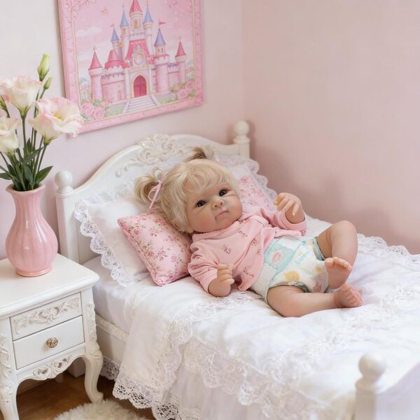 Bambola Reborn Bettie 45 cm in morbido vinile con capelli biondi e accessori completi