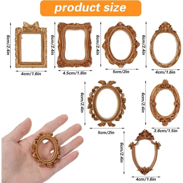 Set 7 Mini Cornici Vintage in Resina Dorata per Casa delle Bambole Scala 1/12