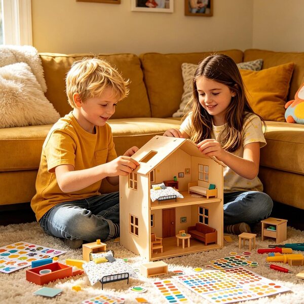 Vintage Miniatur-Möbelset für Puppenhäuser mit Bettwäsche und Kissen