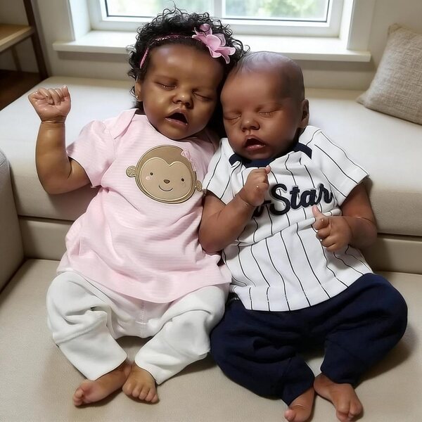 Bambole Reborn Twins Black Girl & Boy 45 cm Realistiche in Silicone Full Body