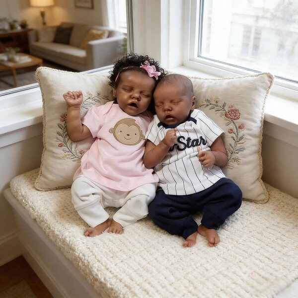 Bambole Reborn Twins Black Girl & Boy 45 cm Realistiche in Silicone Full Body