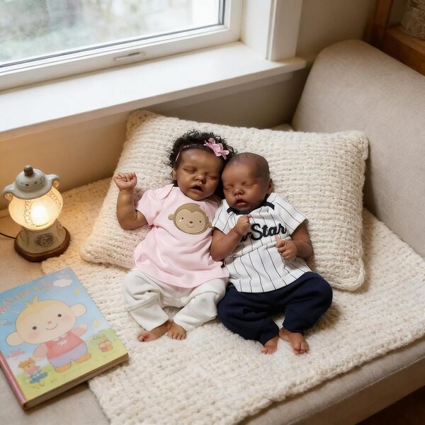 Bambole Reborn Twins Black Girl & Boy 45 cm Realistiche in Silicone Full Body