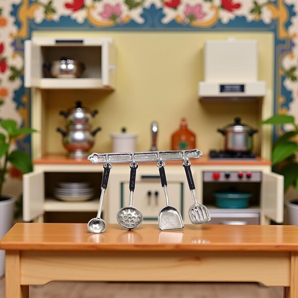 Miniatur-Küchenutensilienset aus Stahl im Maßstab 1:12 für realistische Puppenhäuser und Dioramen