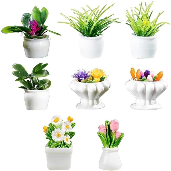 Set mit 8 Mini-Sukkulenten und Blumen in Töpfen zum Modellieren und für Miniaturdekorationen