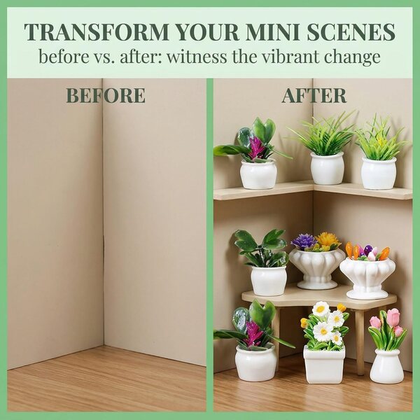 Set mit 8 Mini-Sukkulenten und Blumen in Töpfen zum Modellieren und für Miniaturdekorationen