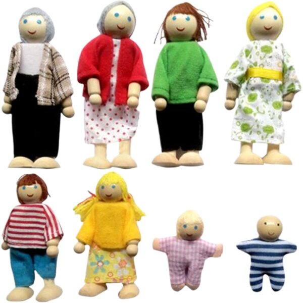 Komplettes Familienset aus Holzpuppen mit beweglichen Gliedmaßen für das Jorzer-Puppenhaus