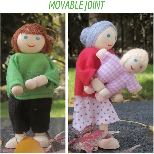 Komplettes Familienset aus Holzpuppen mit beweglichen Gliedmaßen für das Jorzer-Puppenhaus
