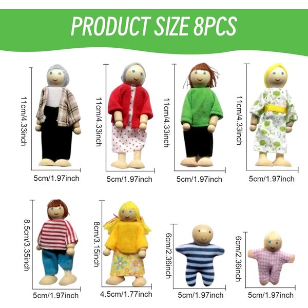 Komplettes Familienset aus Holzpuppen mit beweglichen Gliedmaßen für das Jorzer-Puppenhaus