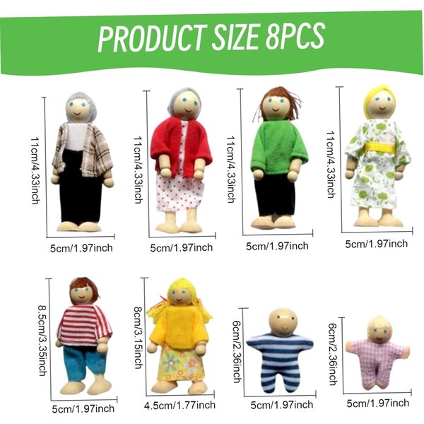 Komplettes Familienset aus Holzpuppen mit beweglichen Gliedmaßen für das Jorzer-Puppenhaus
