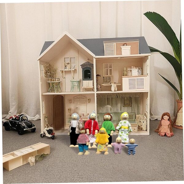 Komplettes Familienset aus Holzpuppen mit beweglichen Gliedmaßen für das Jorzer-Puppenhaus