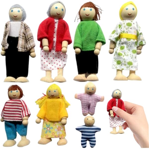 Komplettes Familienset aus Holzpuppen mit beweglichen Gliedmaßen für das Jorzer-Puppenhaus
