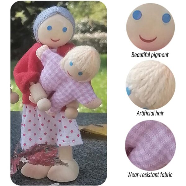 Komplettes Familienset aus Holzpuppen mit beweglichen Gliedmaßen für das Jorzer-Puppenhaus